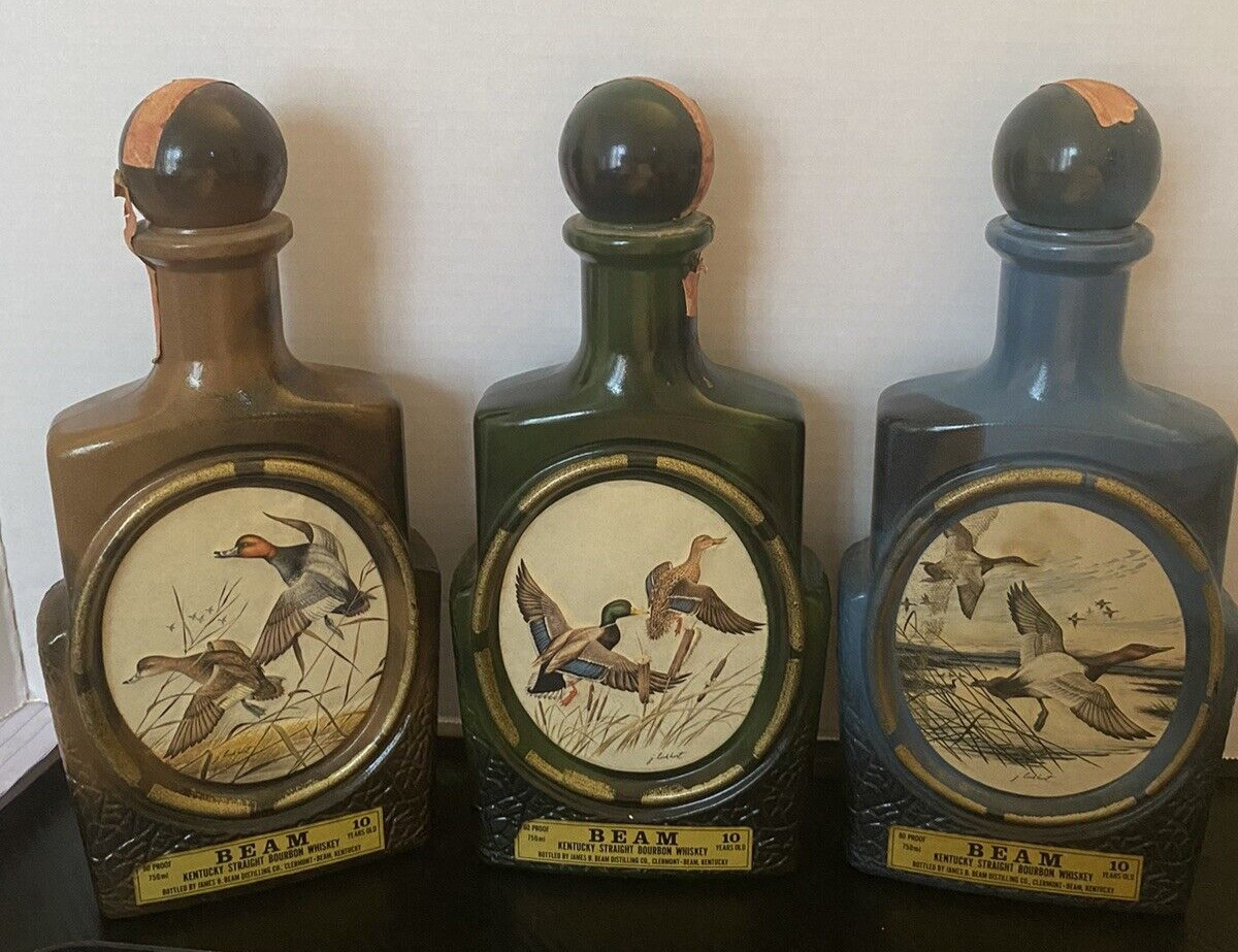Set of 3 Vintage Jim Beam Whiskey Decanter Bottles - Artist James Lockhart