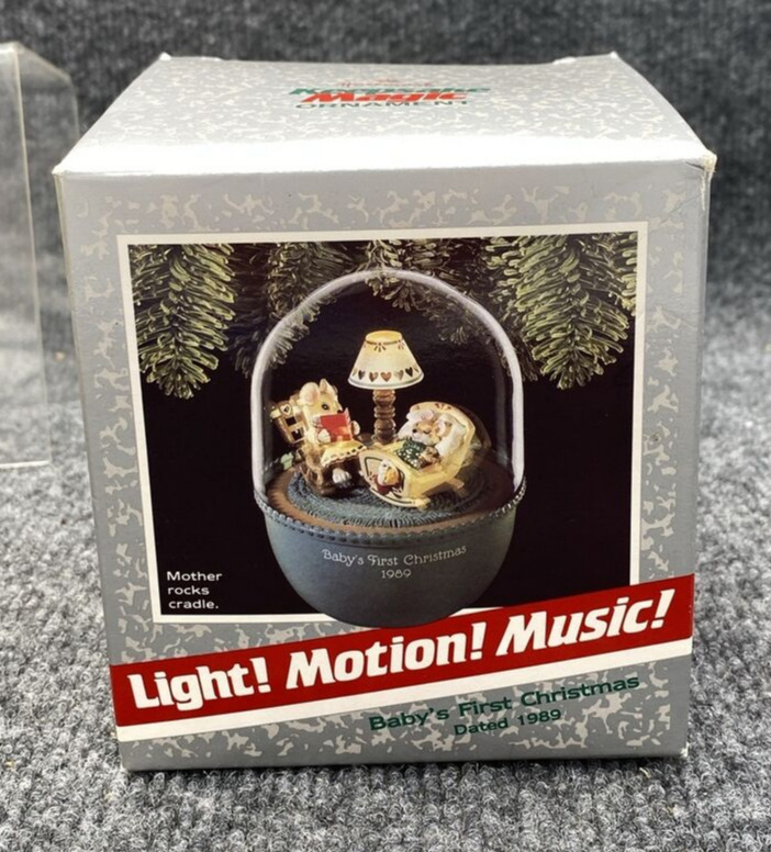 1989 Hallmark Keepsake Christmas Ornament BABYS FIRST Light Motion Magic Music