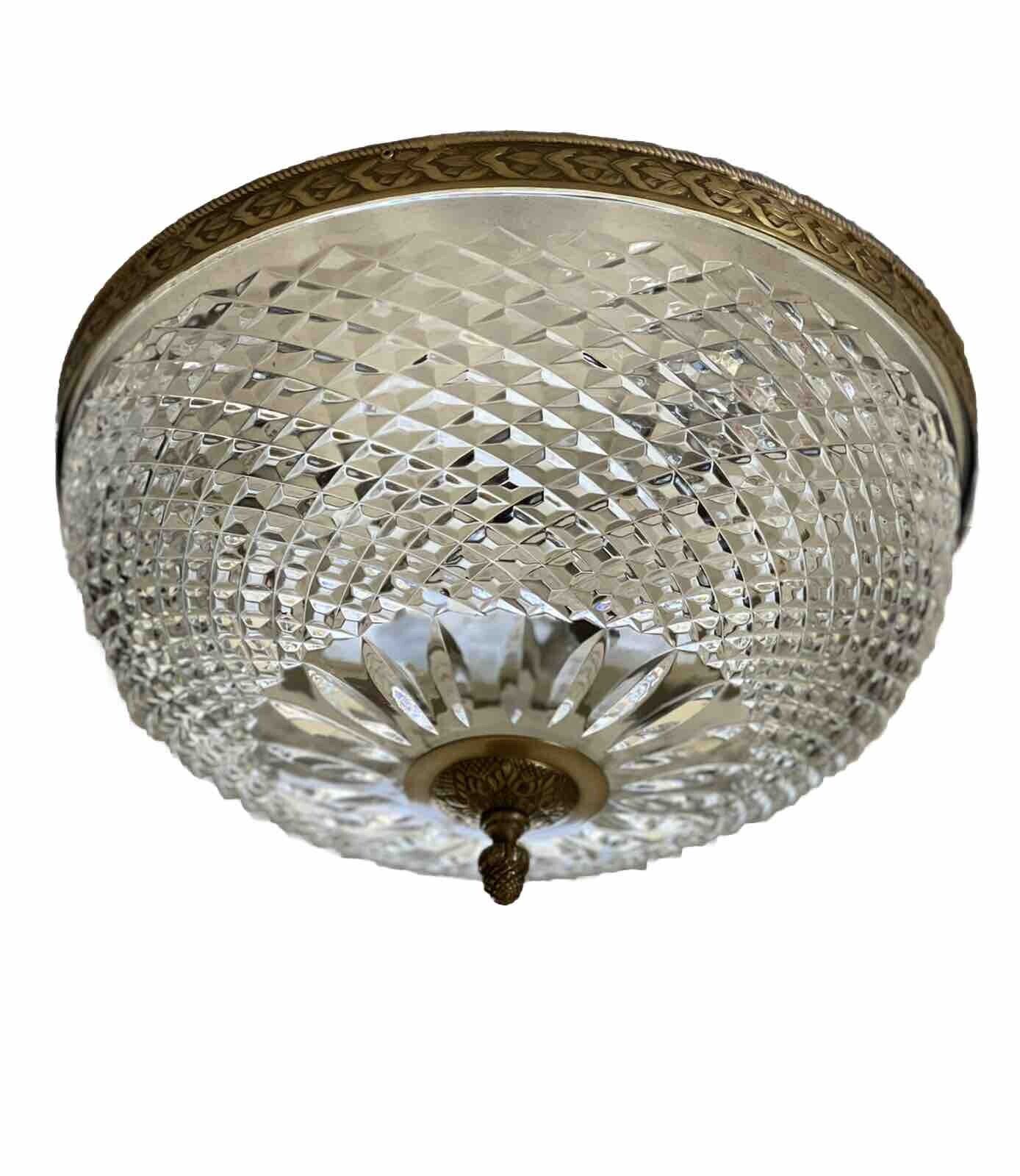 Vintage Flush Mount Crystal Chandelier Ceiling Light Brass Quilted 3 Available