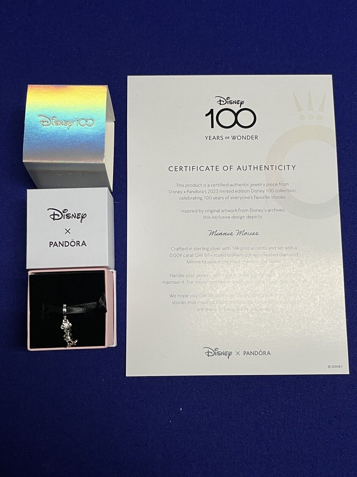 2023 Pandora Disney 100 Years Minnie Mouse Charm W/ Lab Created Diamond New