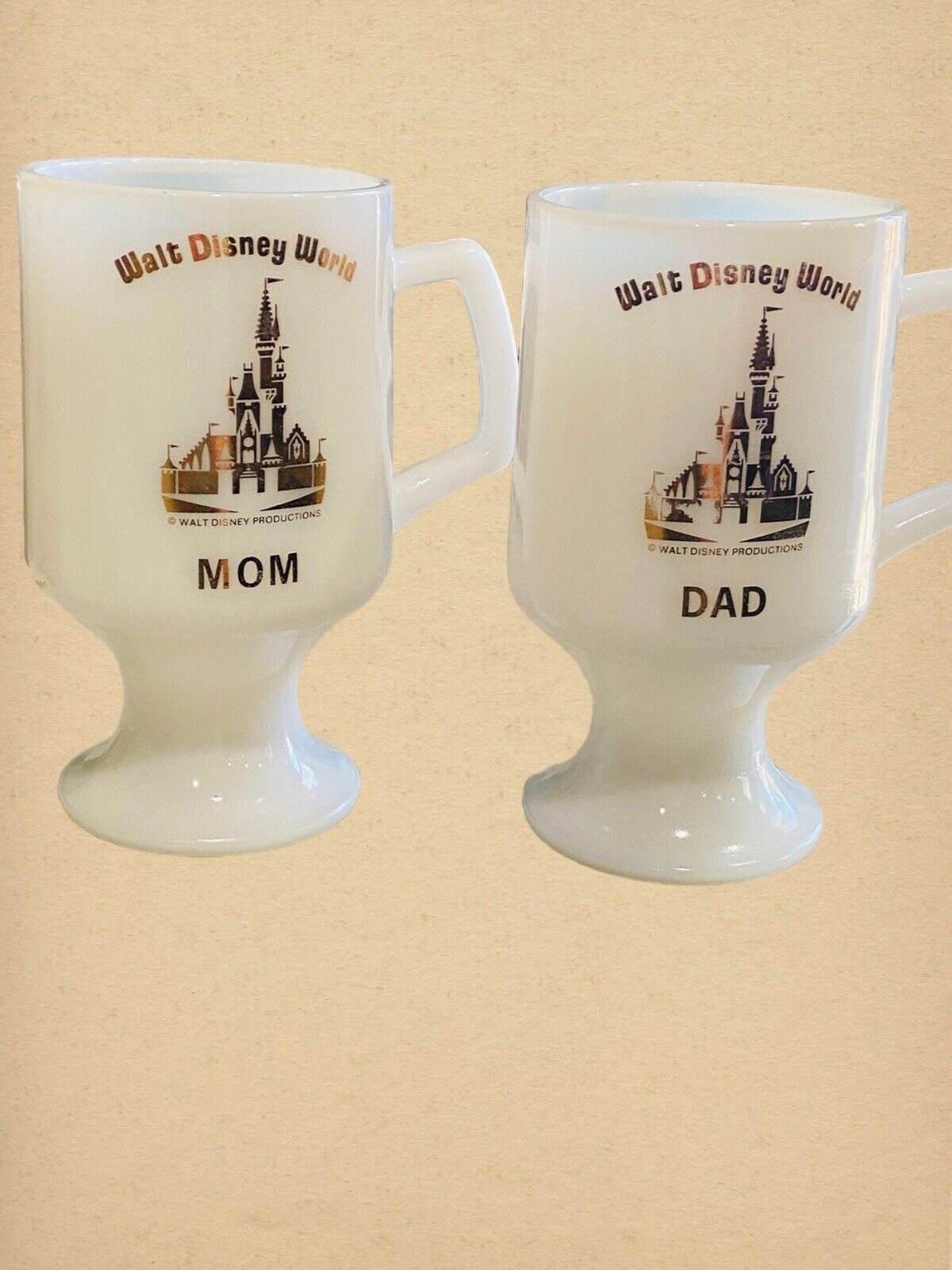 VTG Walt Disney World Milk Glass Souvenir Mom & Dad Pedestal Mugs Cups Gold Prt