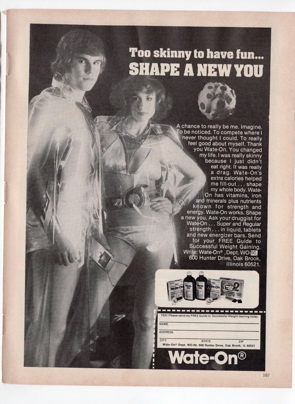 vintage 1970s magazine print ad WATE-ON dietary supplements Weird Sci-Fi couple