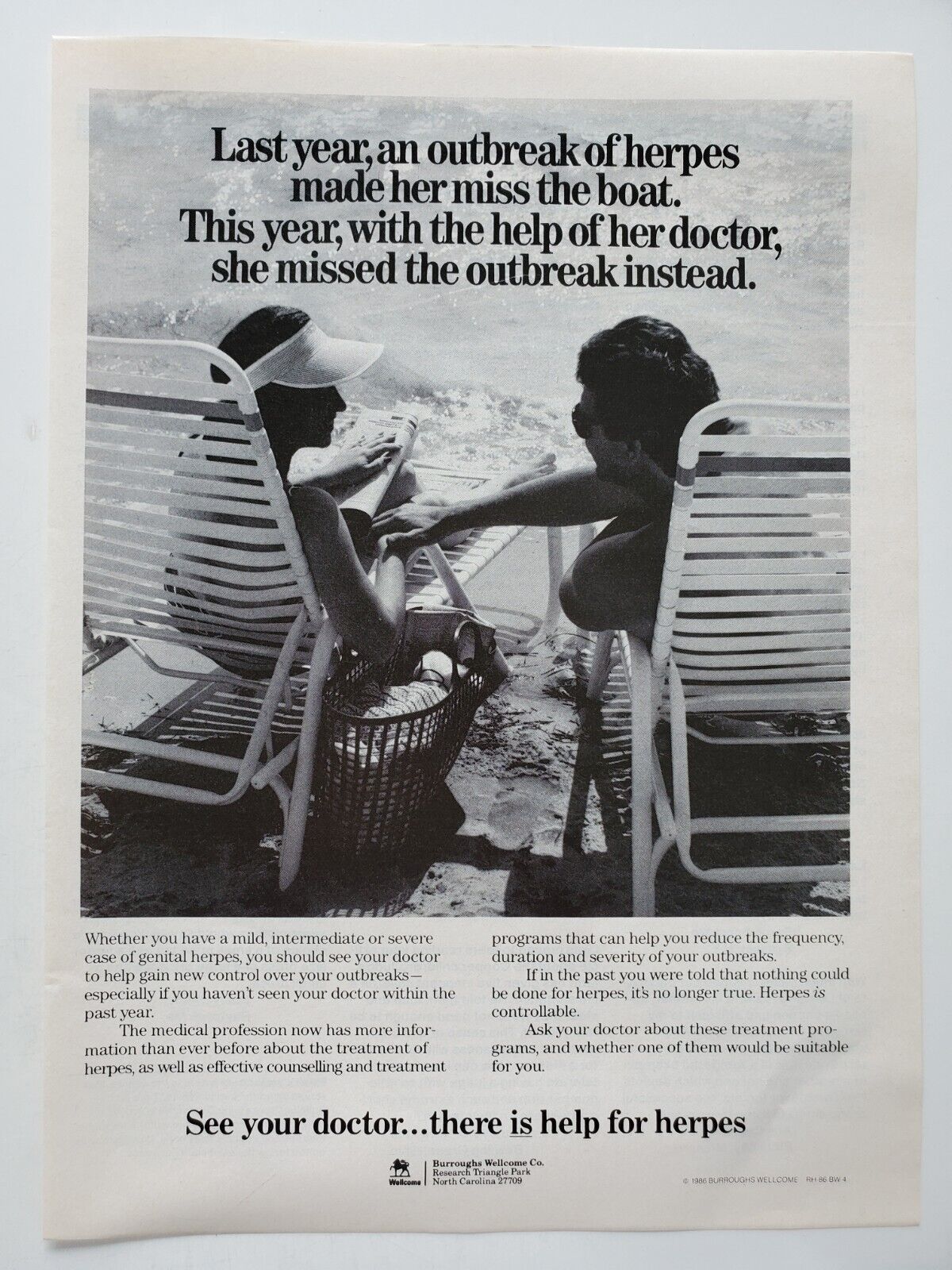 Burroughs Wellcome Company Herpes Relaxing on the Beach 1987 Vintage Print Ad