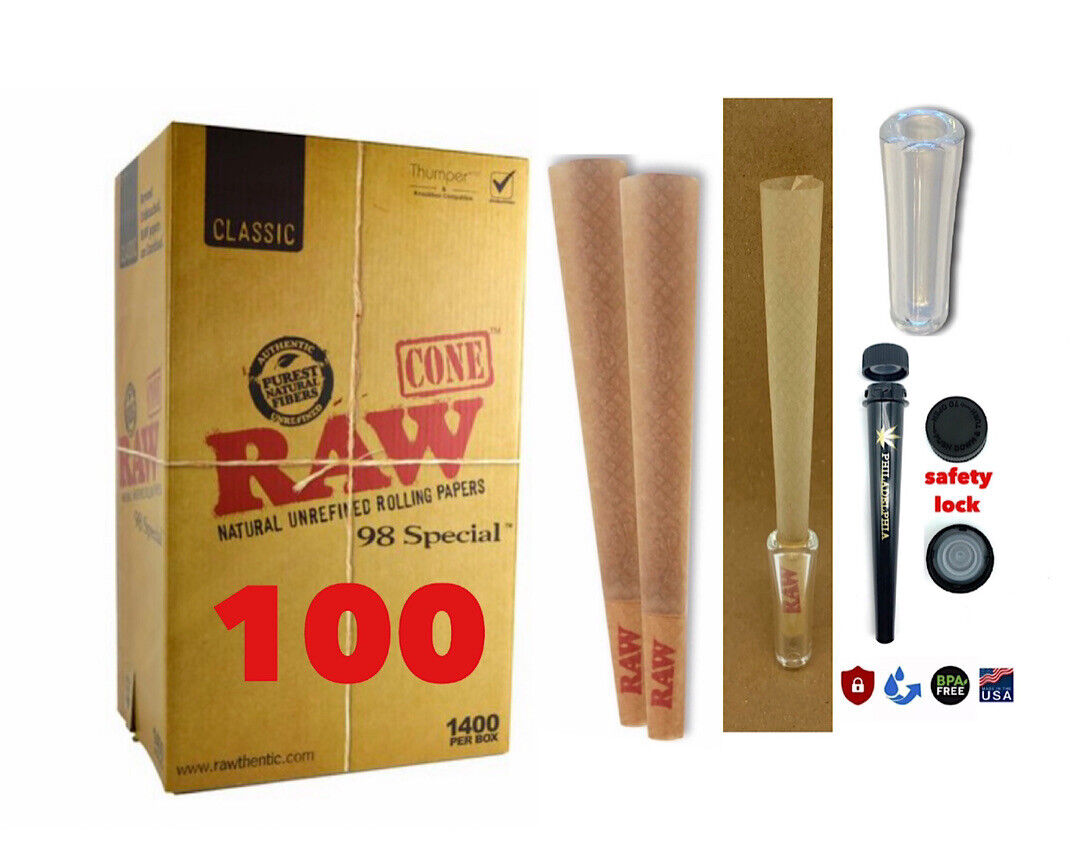 RAW Classic 98 special Size Cone AUTHENTIC(100 pack)+phily tube+glass cone tip