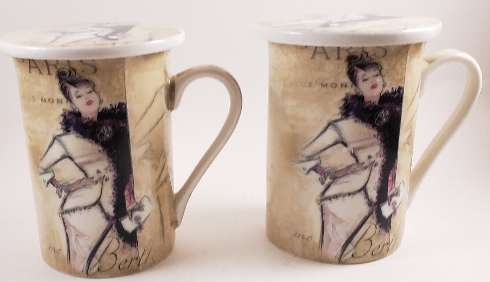  Parisian French  Fashion Mugs with Lids  /Coasters set of 2  By Kent Pottery