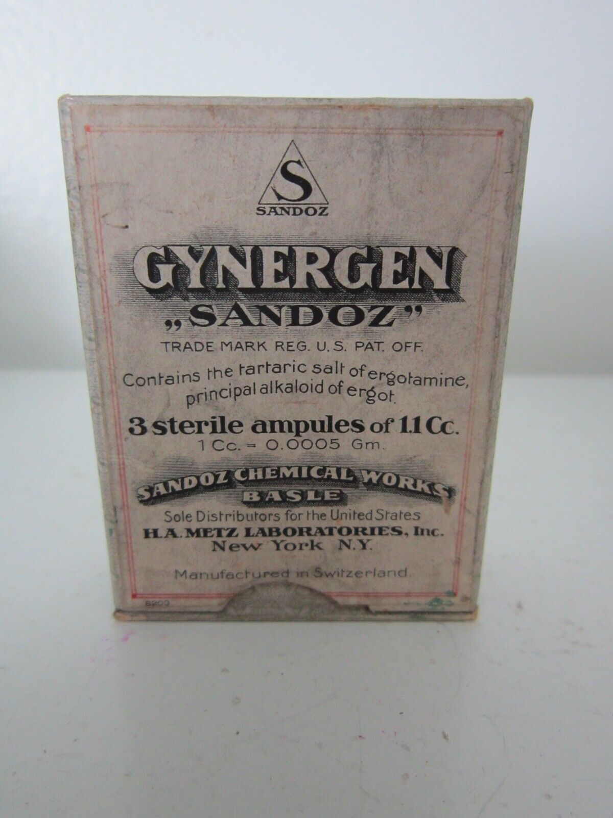 ANTIQUE SANDOZ GYNERGEN ALBERT HOFMANN Apothecary Pharmacy Ergot Metz Bottle Box