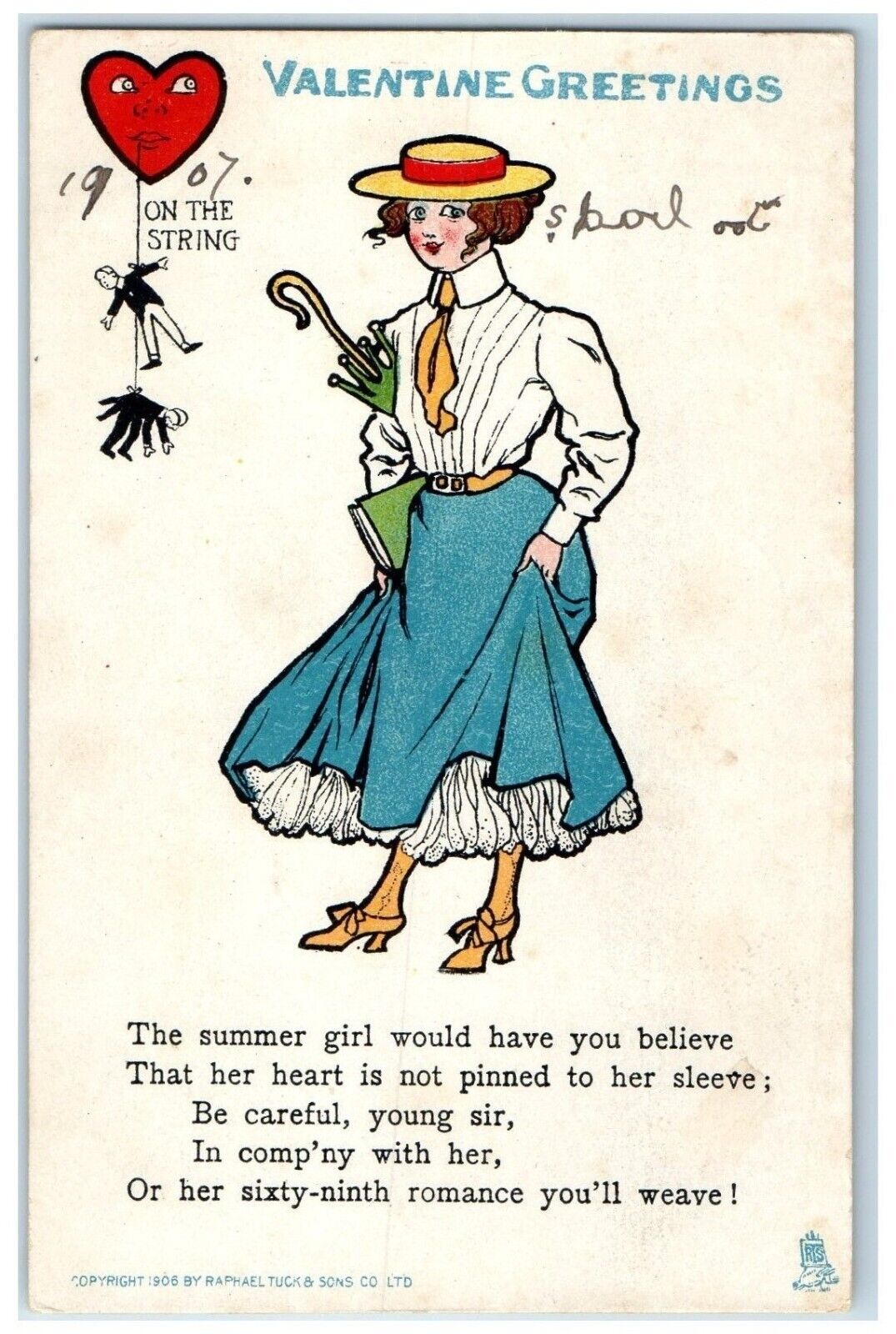 1907 Valentine Greetings Summer Girl Heart On The String Tuck's Antique Postcard
