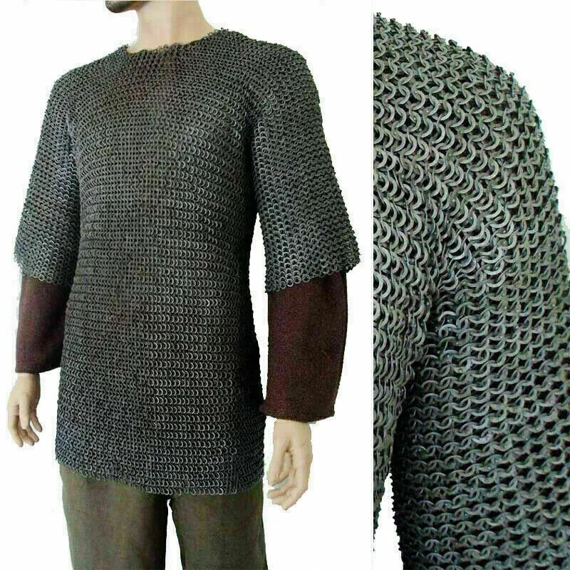 LARGE Chainmail Shirt Flat Riveted +Flat Washer Chain Mail Haubergeon ARMOR LARP