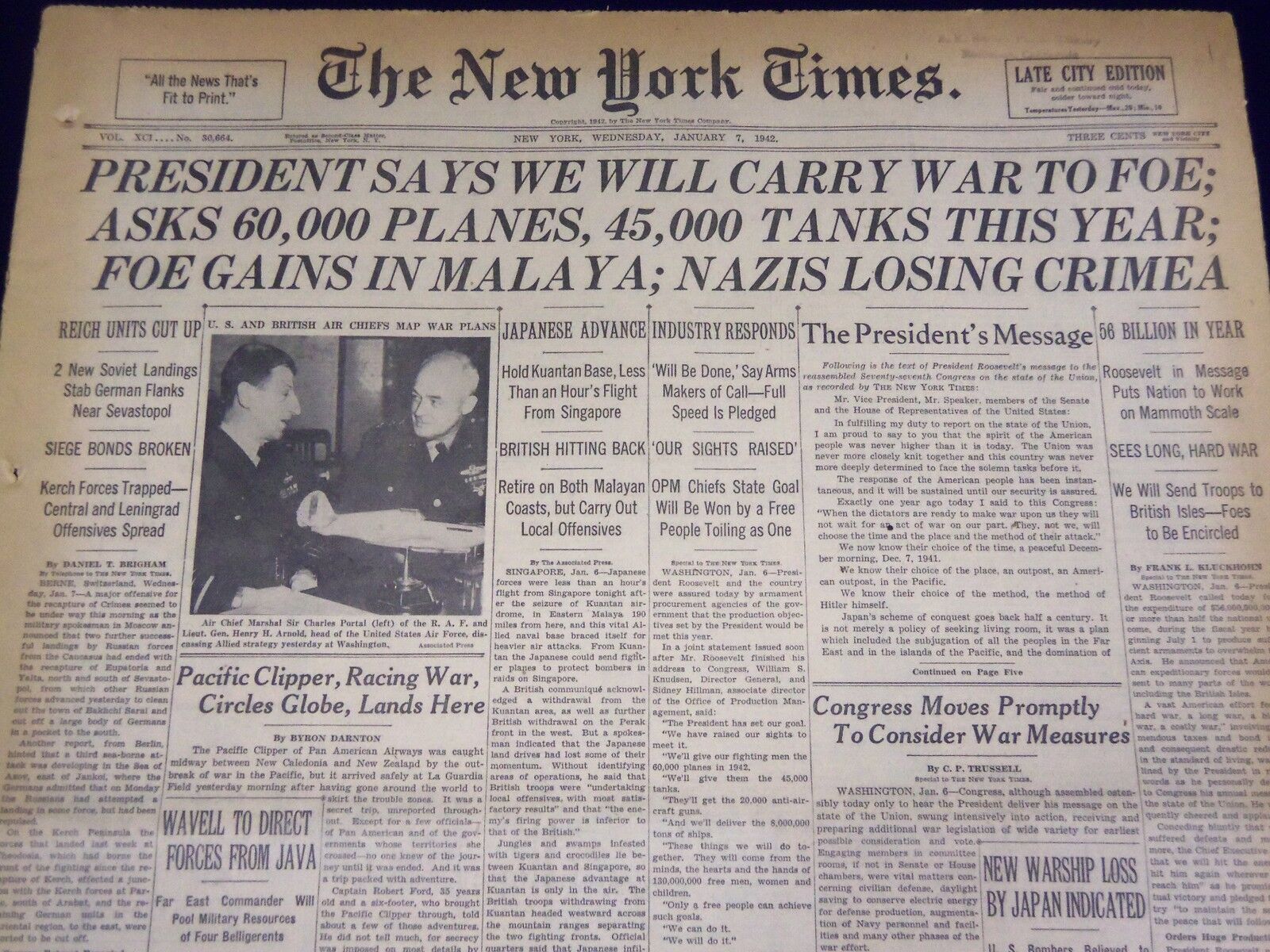 1942 JANUARY 7 NEW YORK TIMES - PRESIDENT SAYS WE WILL CARRY WAR TO FOE- NT 1530