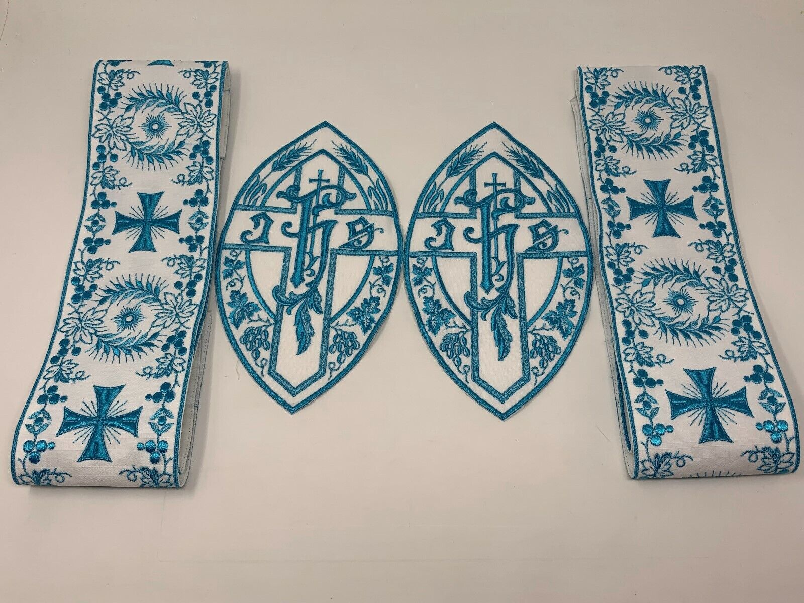 IHS Cross Vestment Banding + Emblems Blue on White  (4 Pcs) Lot / Bundle