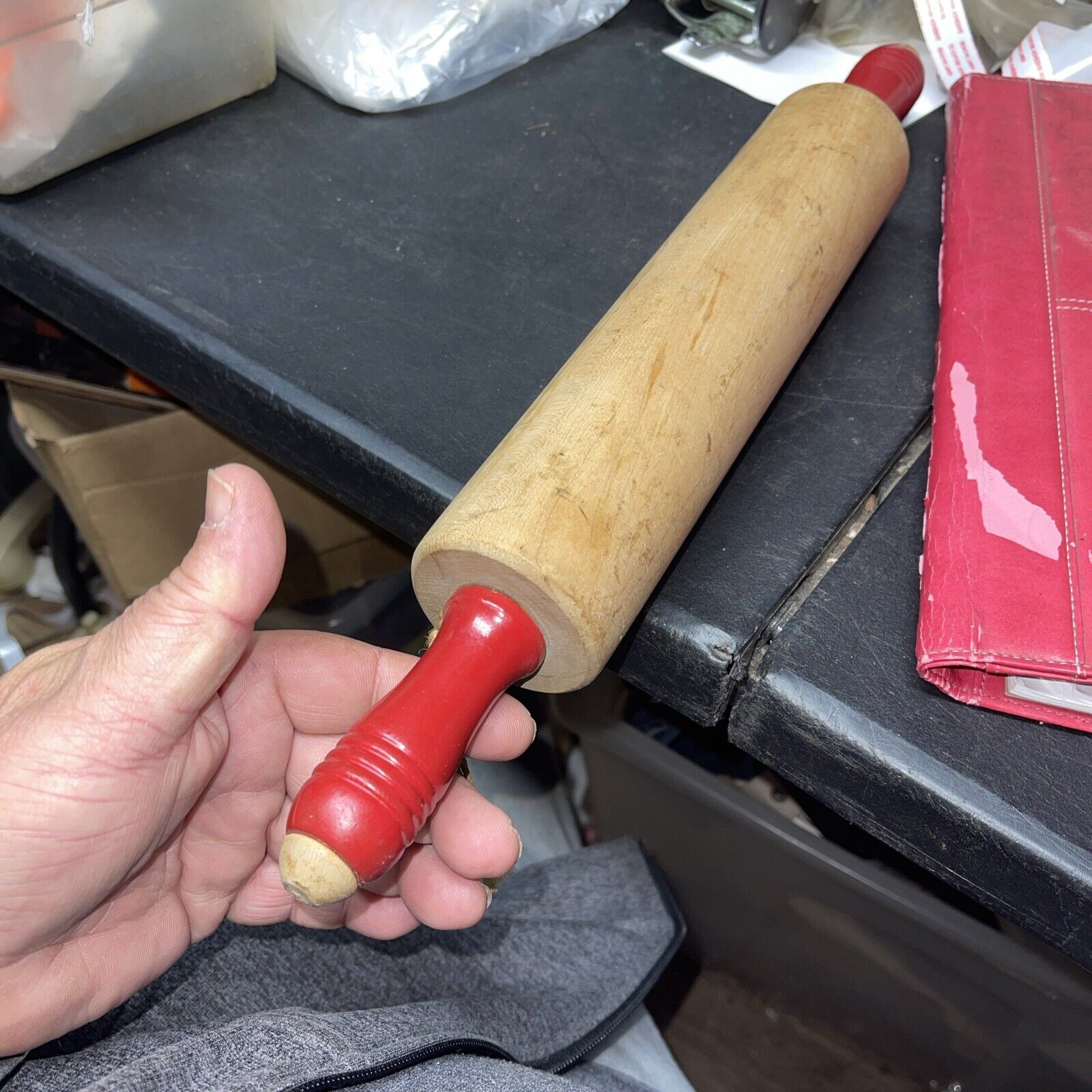Vintage Munising 17.5” Maple Wood Rolling Pin w/ Red Turned Handles Signed
