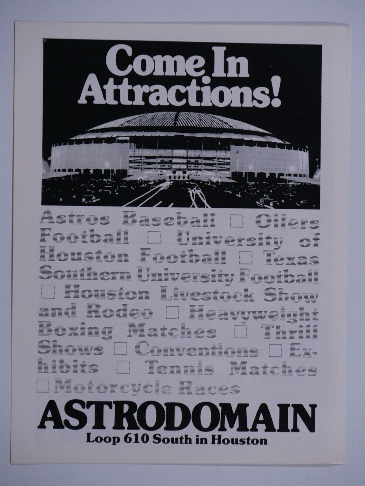 Houston Astrodome Astrodomain Vintage 1977 Come In Attractions Original Print Ad