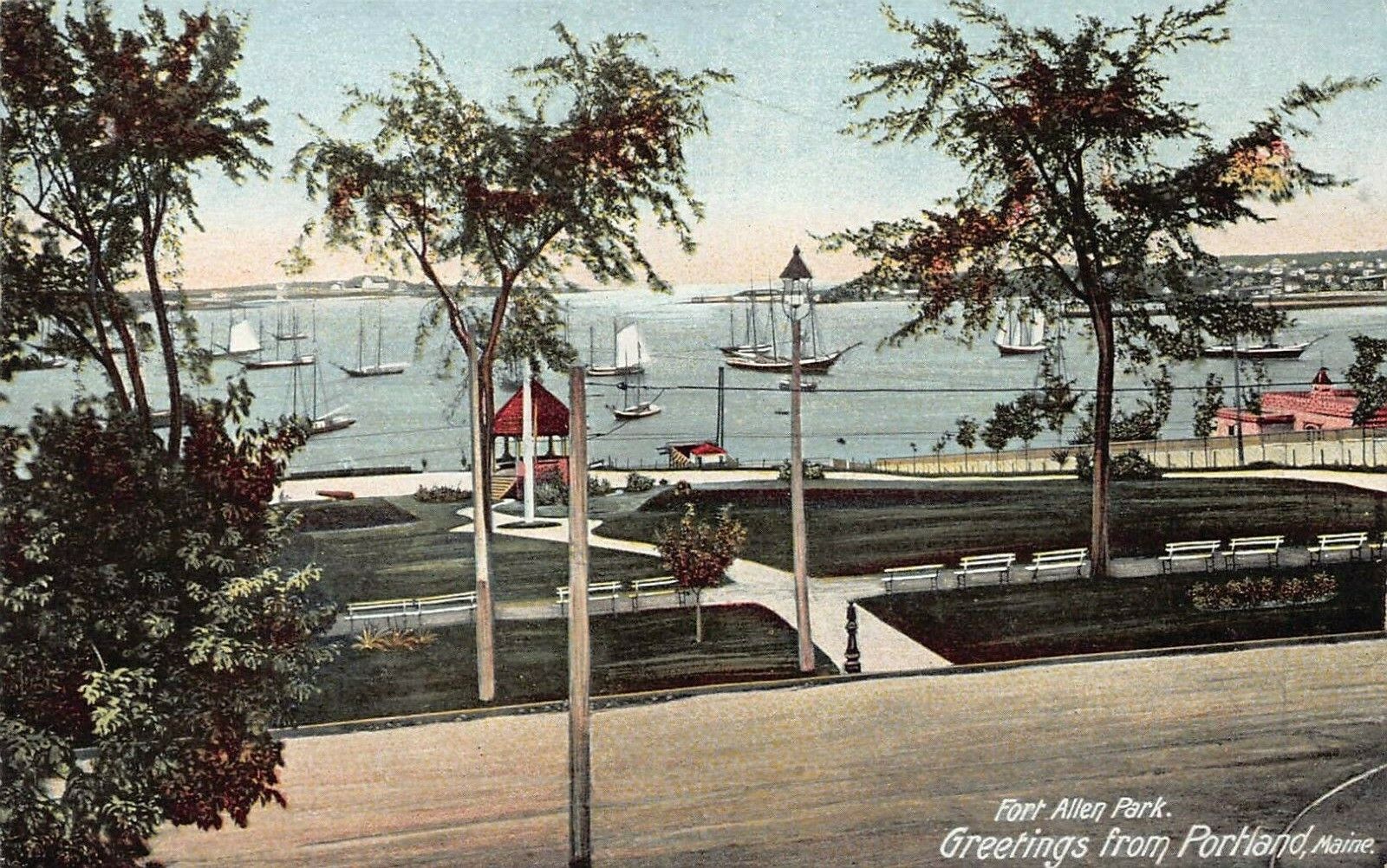 Greetings from Fort Allen Park, Portland, Maine, Very Early Postcard, Unused 