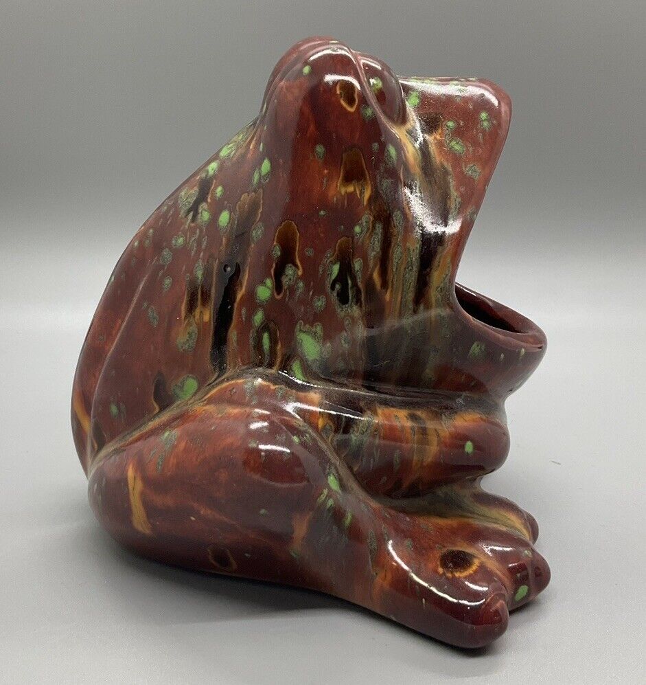 Vintage Ceramic Big Mouth Frog Sponge Holder Brown w/Multicolored Drip Glaze