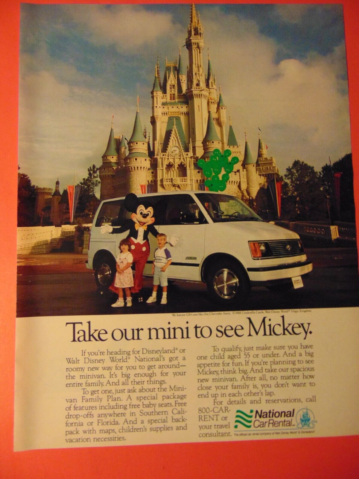 1988 National Car Rental Take Our Mini to see Mickey Disney World print ad