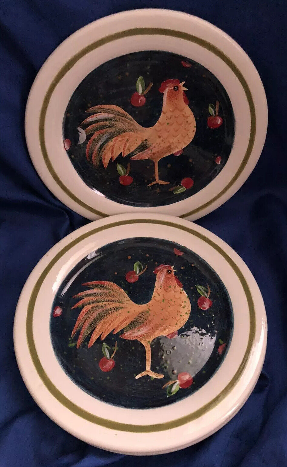 Ceramic Rooster 3 Plates Dark Blue Background Apples Dishwasher Microwave Safe