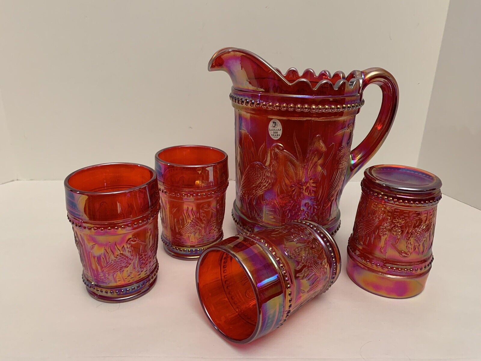 Fenton Stork & Rushes Pitcher 100th Anniversary Red Carnival Glass & 4 Glasses