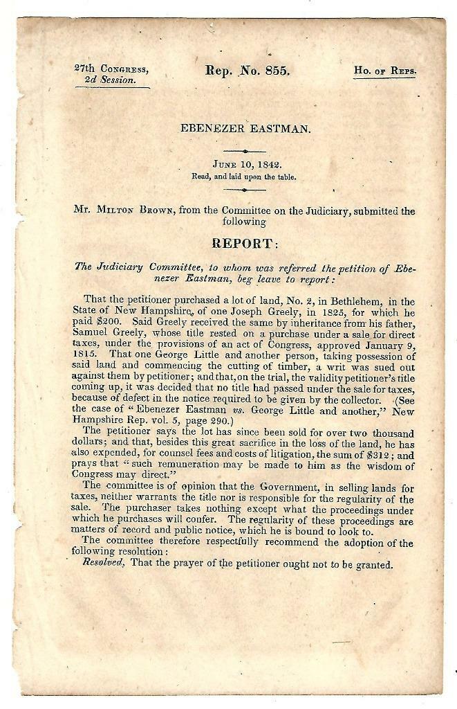 1842 Cmte. Judiciary: Ebenezer Eastman Petition Financial Relief Loss of Land