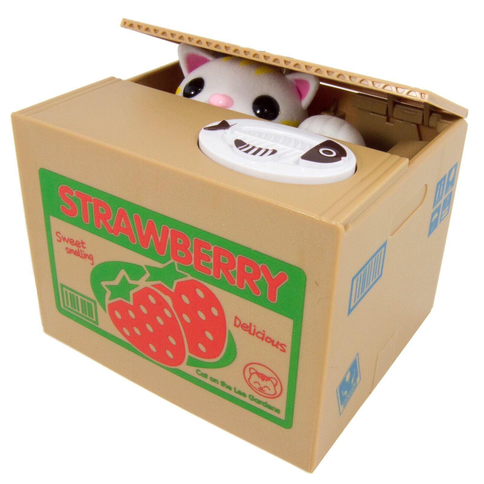 Cute Cat in a Box Piggy Bank - Motorized Kitty Grabs your Coin & says Thank You