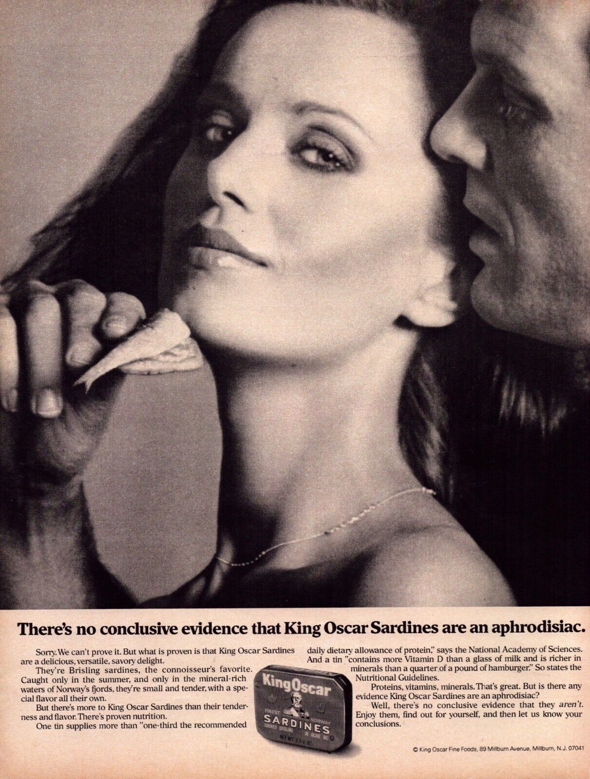 1979 King Oscar Sardines Print Ad Aphrodisiac Seafood Tins Sexy Woman Man Fish