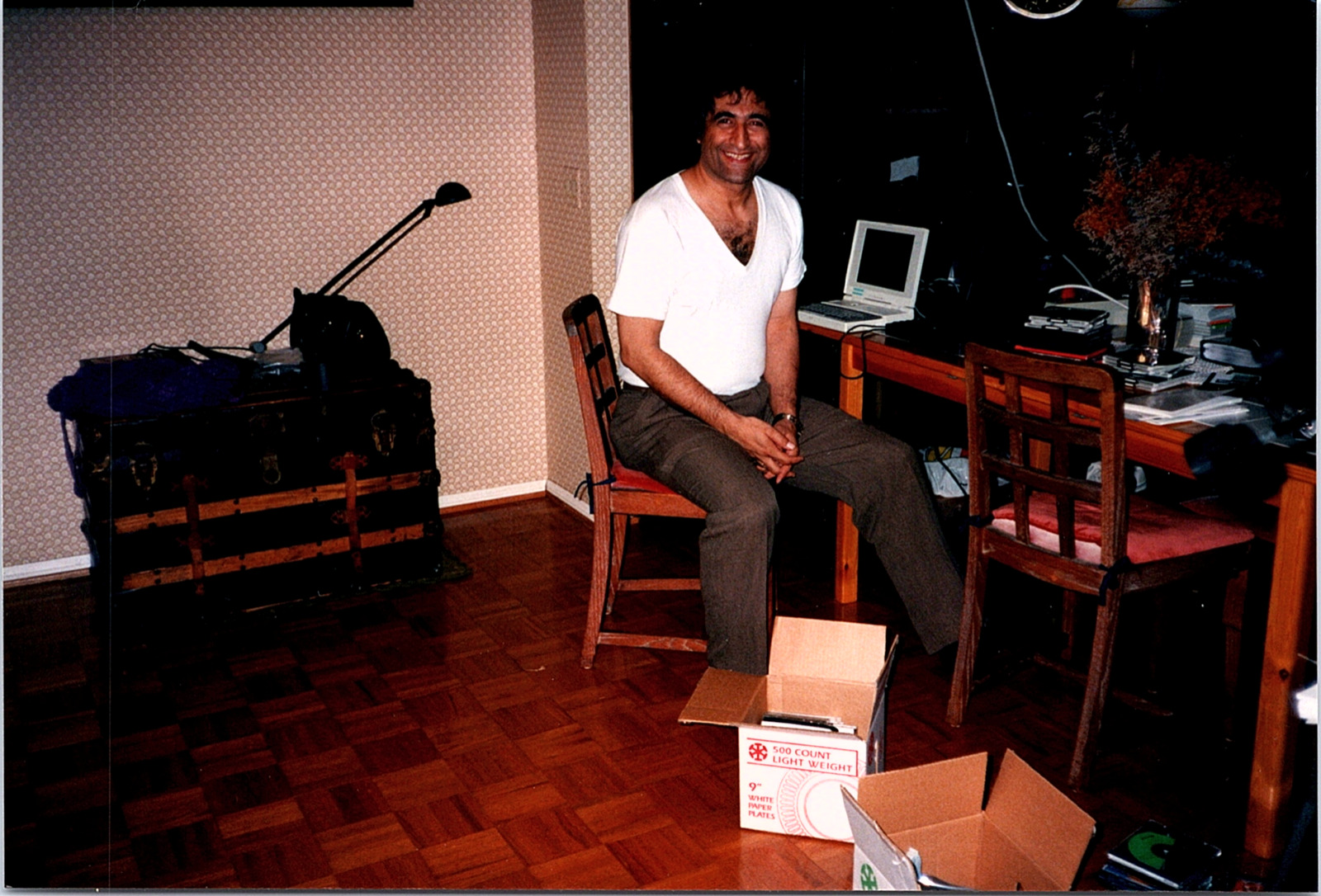 Vintage 1990s Found Photo - Man Smiles With A Little Laptop Computer At Home