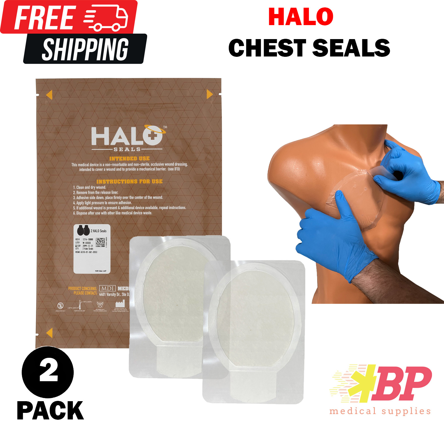 Halo Chest Seals First Aid EMT EMS Emergency Dressing for Trauma Wounds - 2 Pack