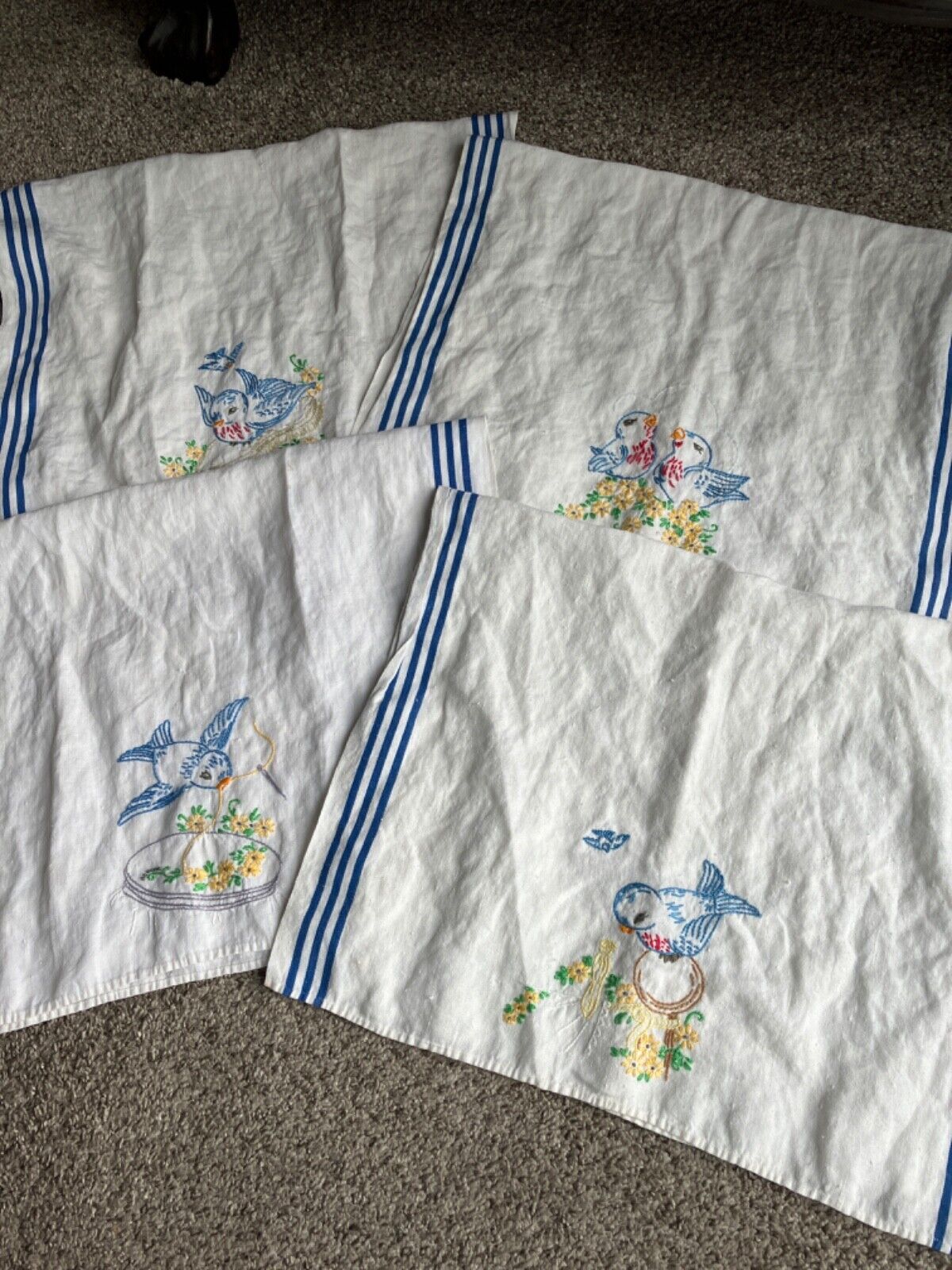 Lot of 4 white Linen Blue Stripe Embroidered Bird Tea Towels Dish Towel Vintage?