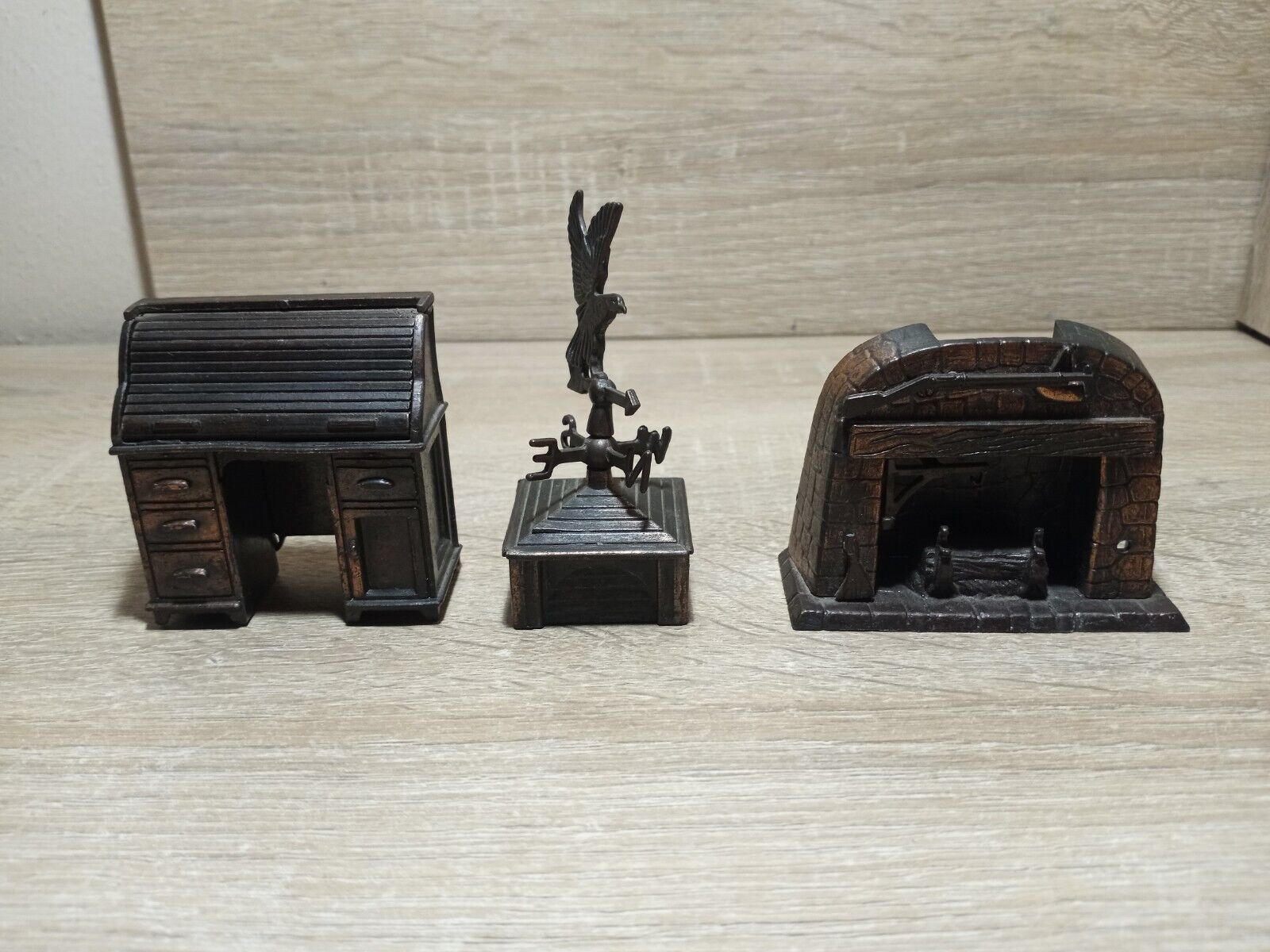 Lot of 3 Vintage Durham Ind. Die Cast Dollhouse Miniatures Fireplace Desk 
