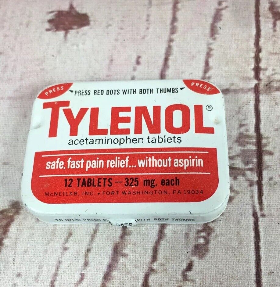Vintage TYLENOL ACETAMINOPHEN tin, metal, McNeil Lab Expiration Stamp 1983