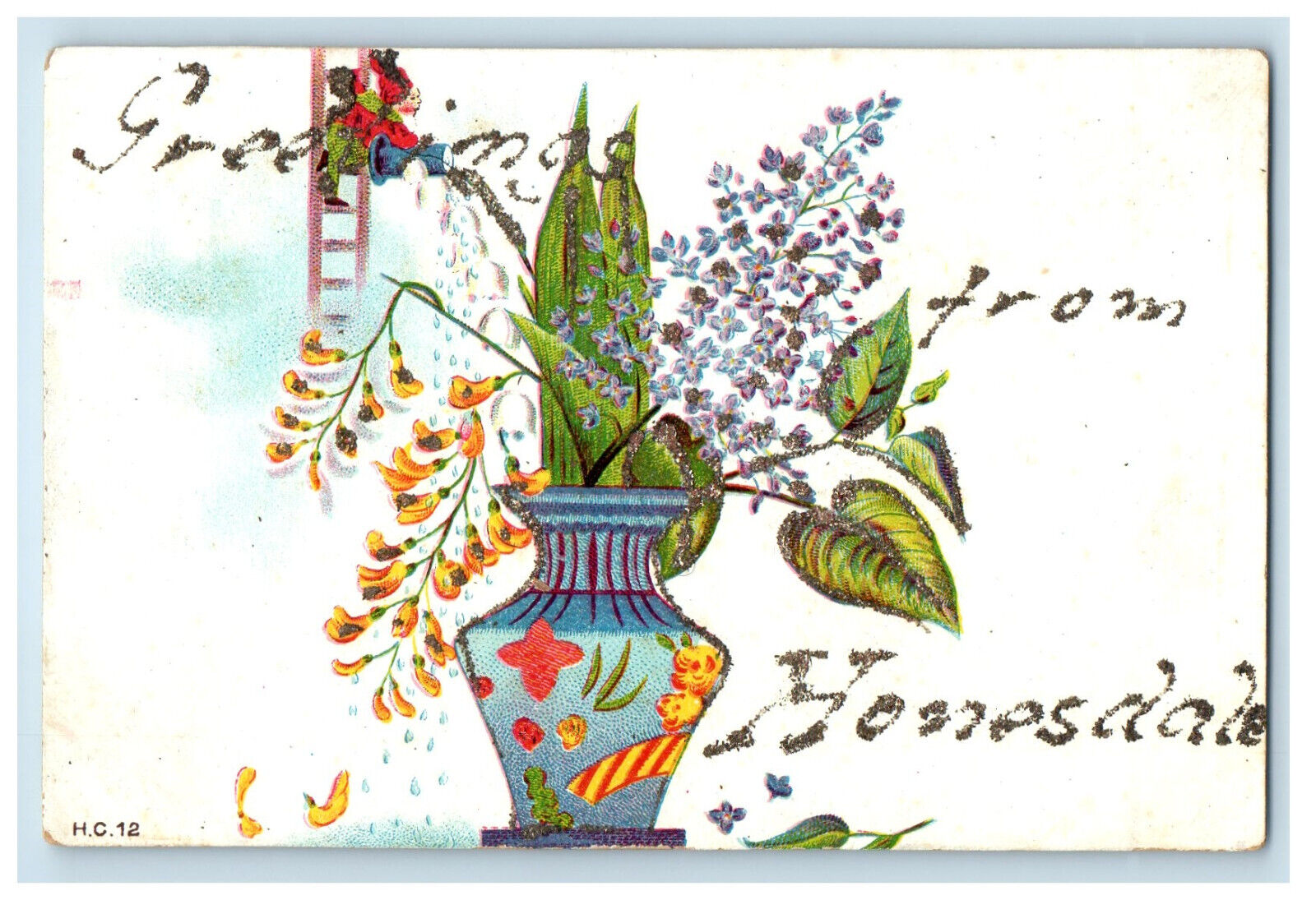 1906 Greetings from Honesdale Pennsylvania PA Glitter, Flower Vase Postcard
