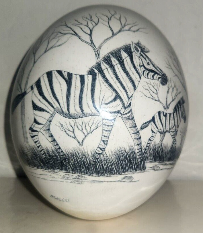 Vintage M LALELI  Scrimshaw OSTRICH EGG Hand Carved Pigmented zebra\'s  Signed