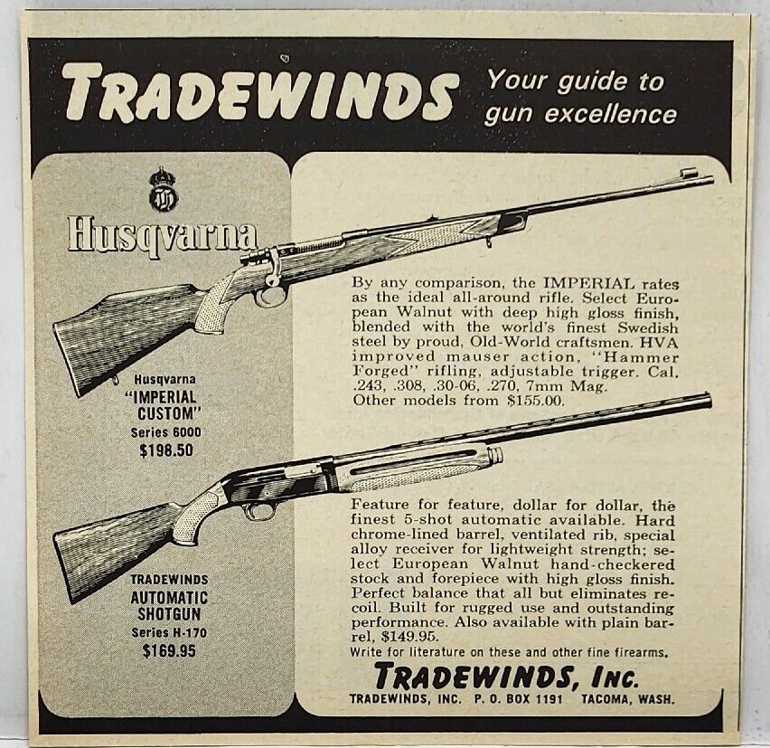 1965 Tradewinds Husqvarna Imperial Rifle Shotgun Hunting Print Ad Tacoma WA