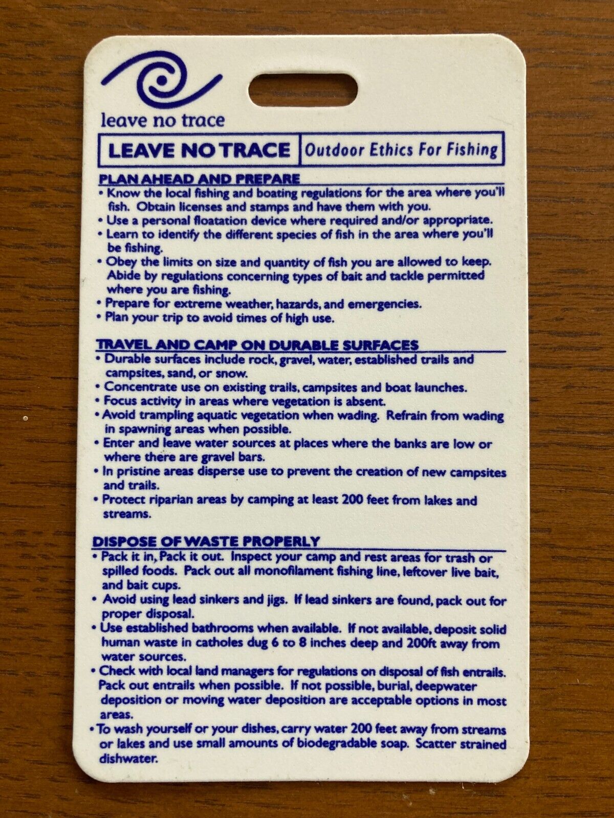 State National Park BSA Leave No Trace (LNT) Outdoor Ethics for Fishing Card