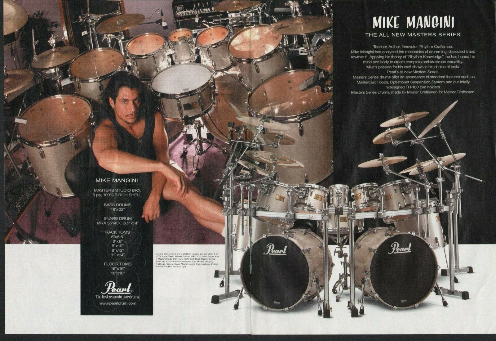 1999 2pg Print Ad of Pearl Masters Studio BRX Drum Kit Mike Mangini Setup