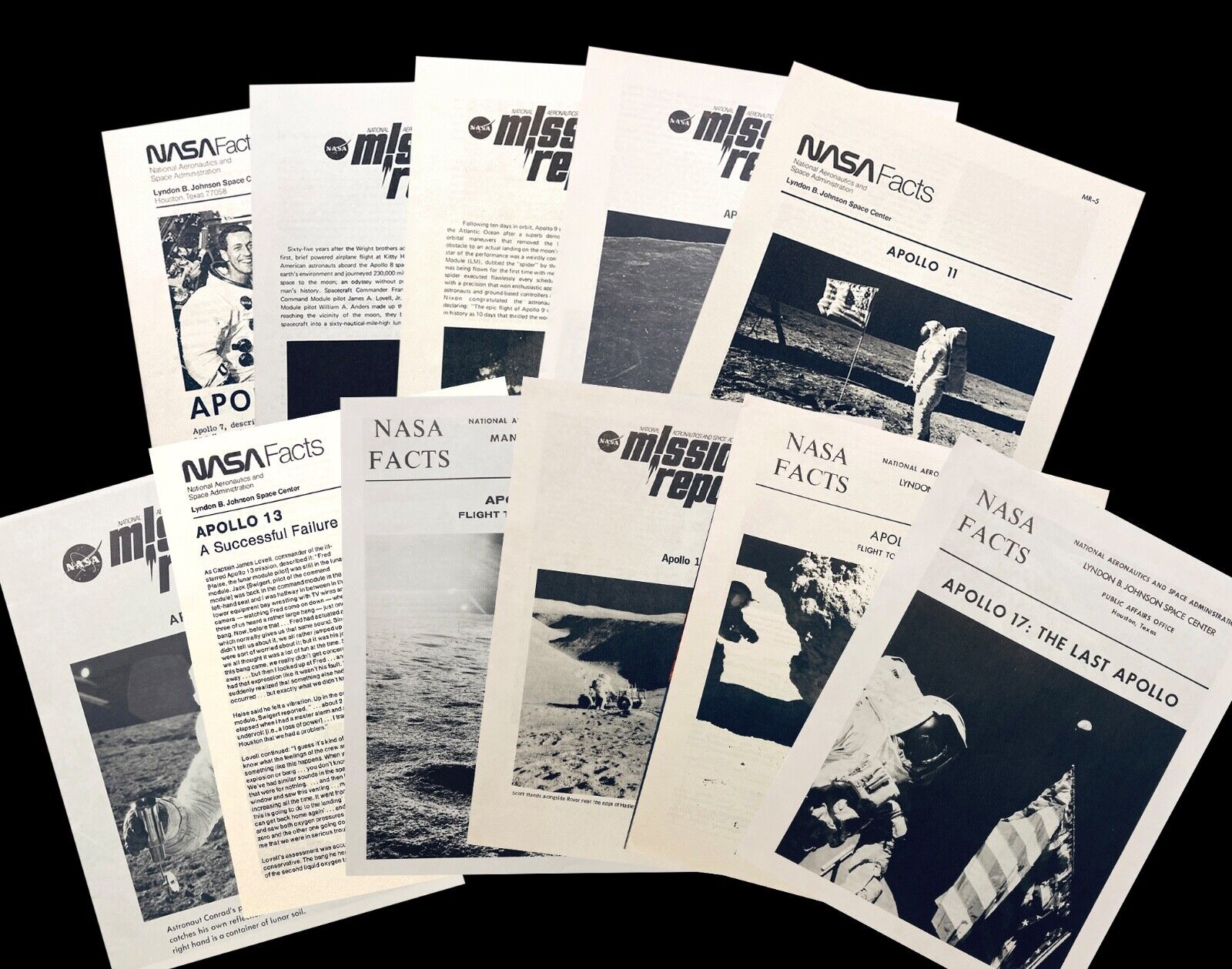 NASA Apollo Mission Reports & NASA Facts, Missions #7 thru #17, a complete set.