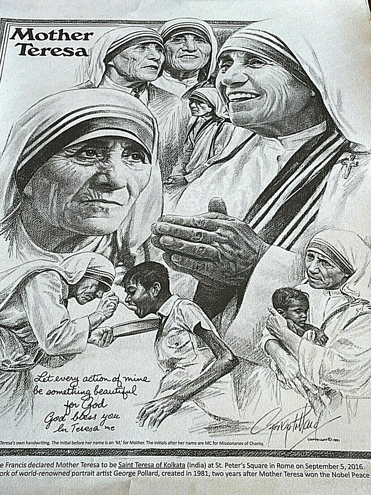 George Pollard Vintage 1981 Mother Teresa Charcoal Collage Poster 18\