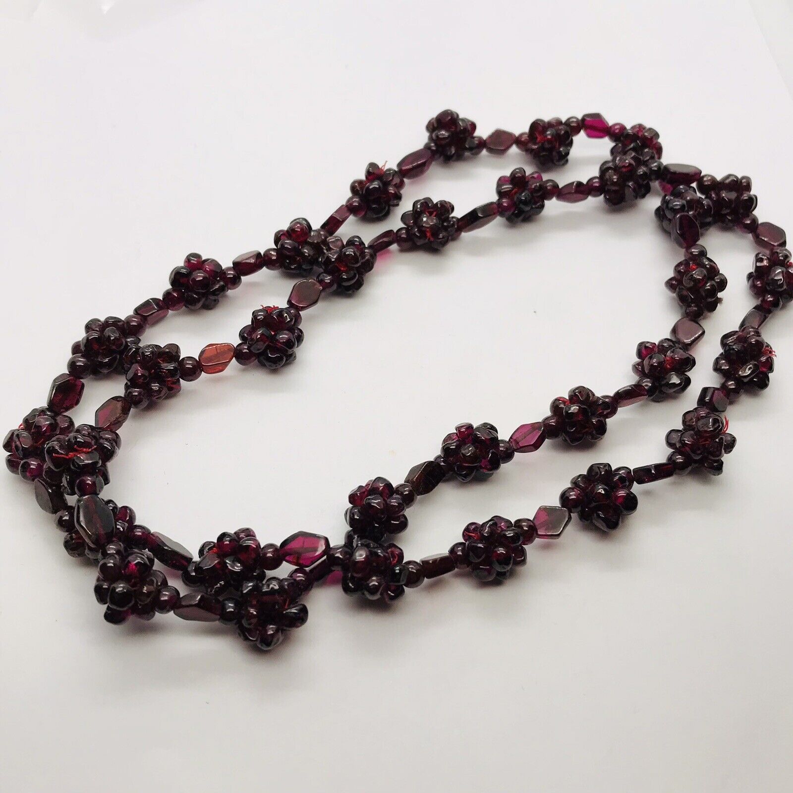 24” HIGH QUALITY HAND STRUNG GARNET BEADED NECKLACE FLORAL FLOWERS