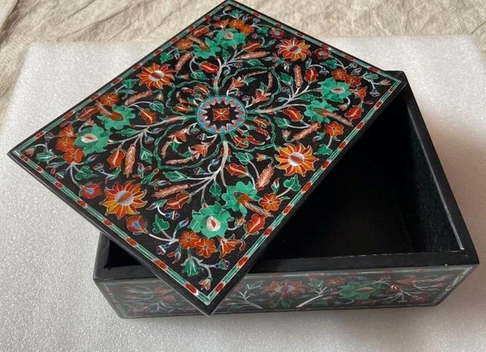 Rectangle Black Marble Jewelry Box Semi Precious Stone Inlay Work Giftable Box
