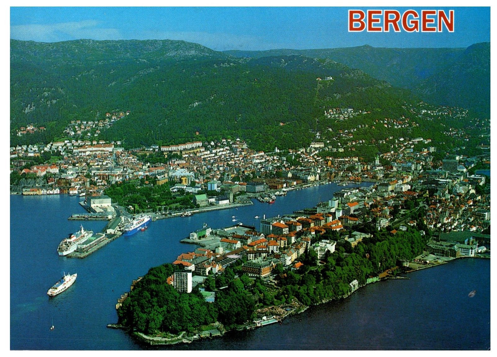 Aerial View Bergen Norway towards Harbor Postcard VTG 