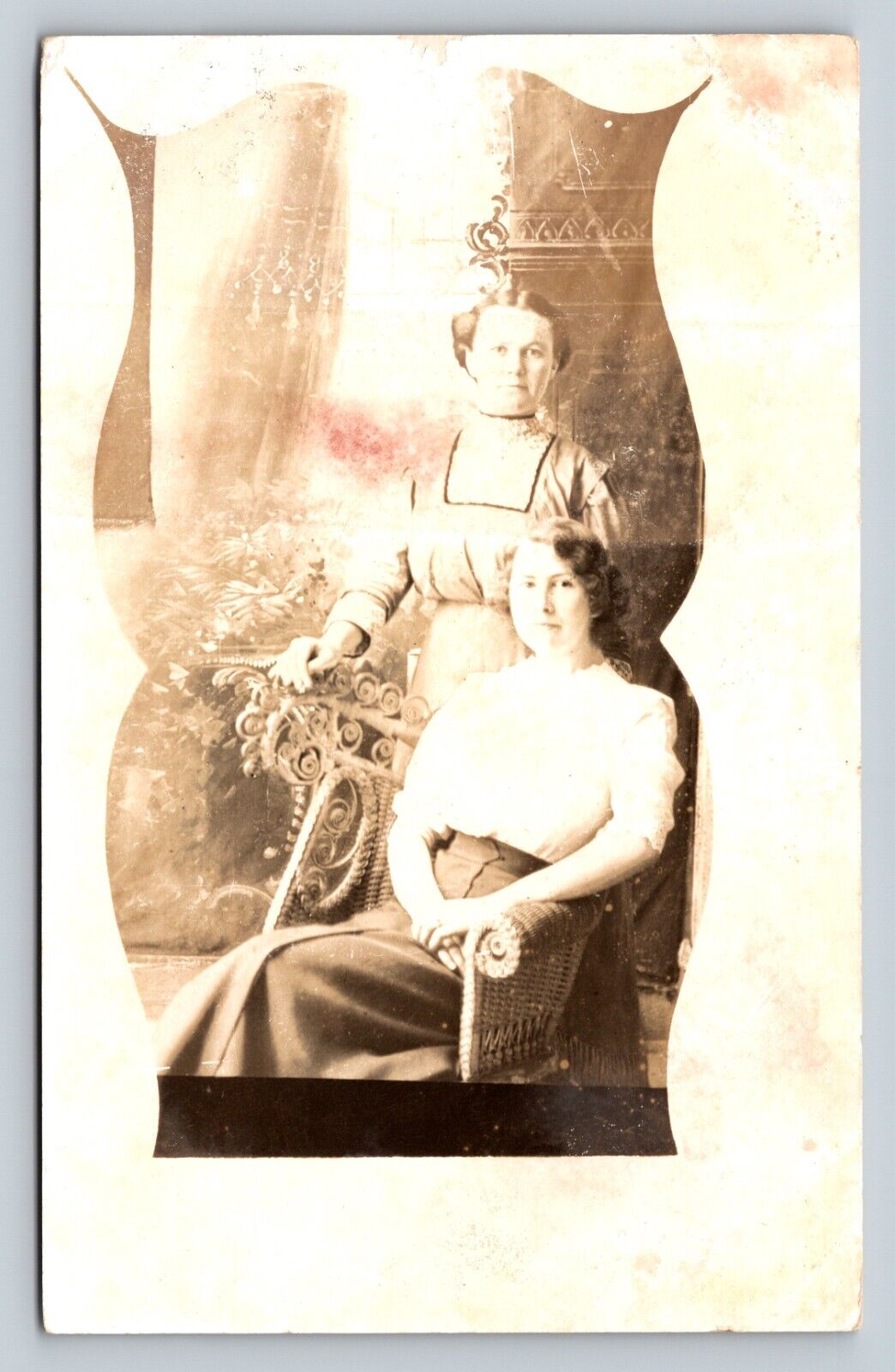 c1913 RPPC Two Women Wicker Chair Vase Design RARE ANTIQUE Postcard 1390