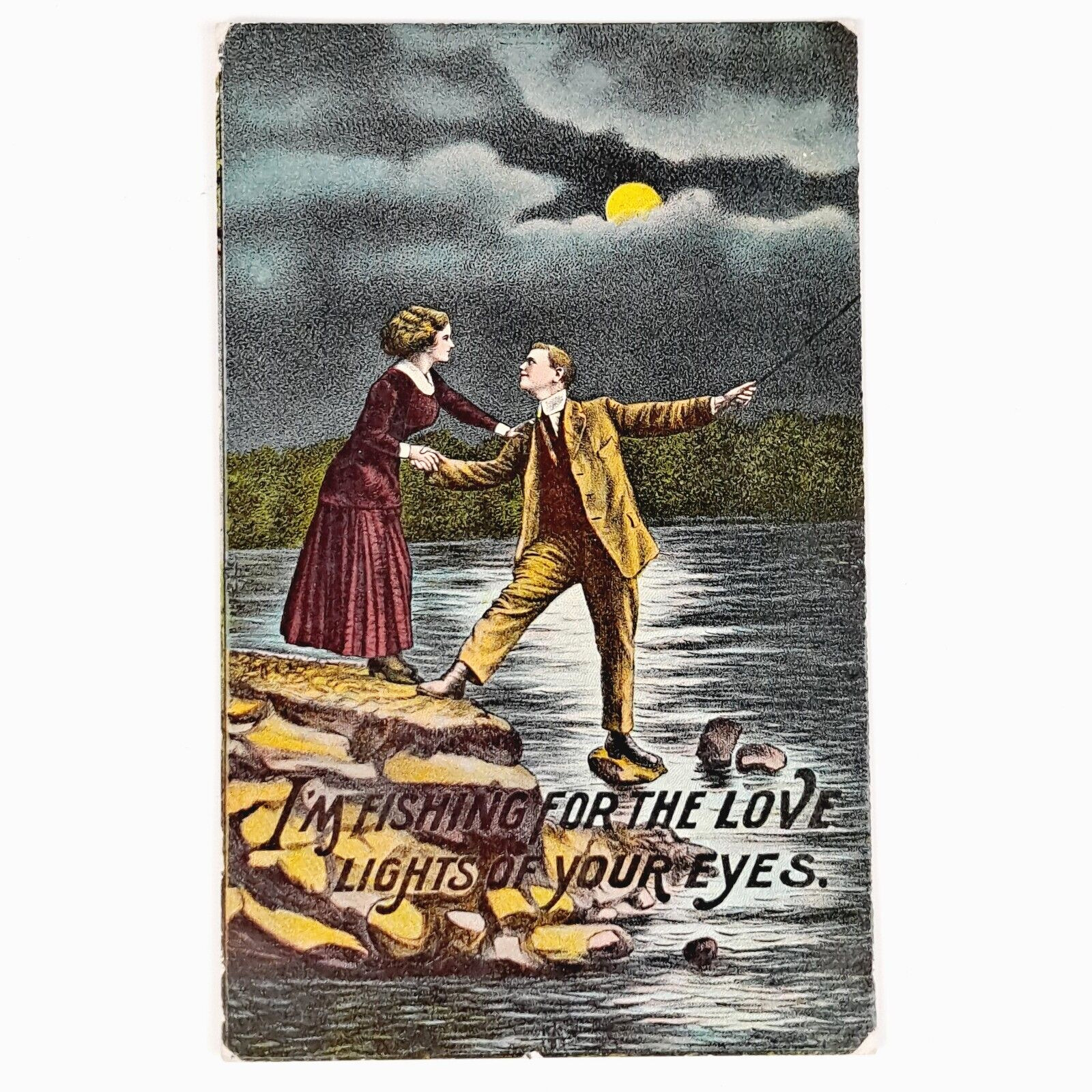 ANTIQUE 1911 POST CARD LOVE & ROMANCE FISHING FOR LOVE FLIRT POSTCARD - POSTED