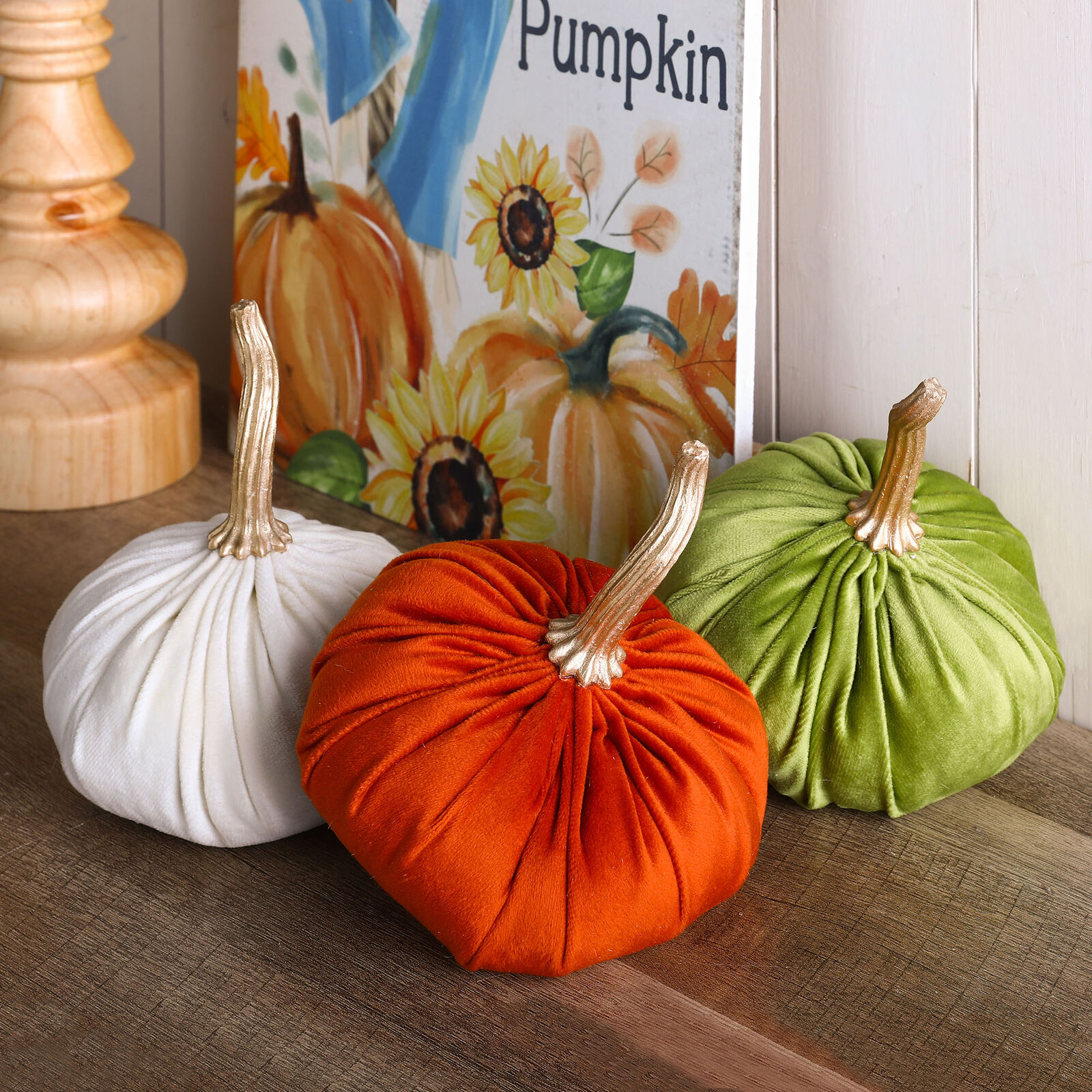 Glitzhome Set of 3 Colorful Small Plush Velvet Pumpkins Fall Harvest Table Decor