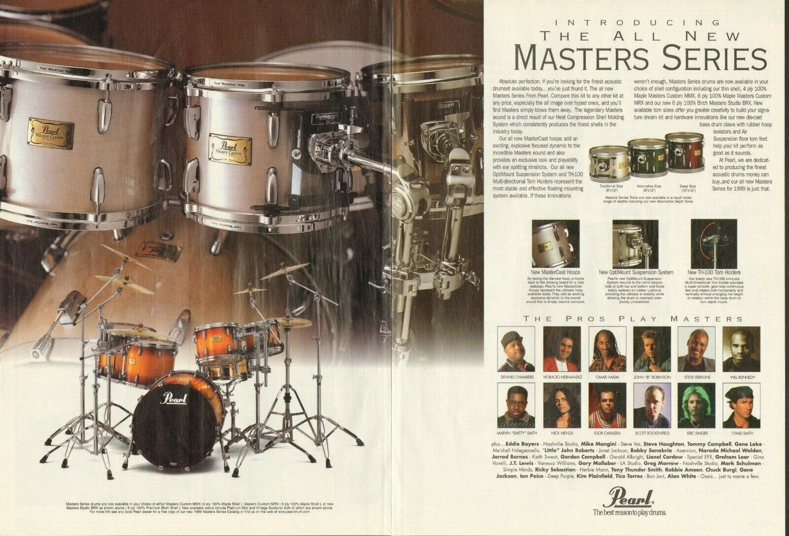 1999 2pg Print Ad of Pearl Masters Custom BRX Series Drum Kit