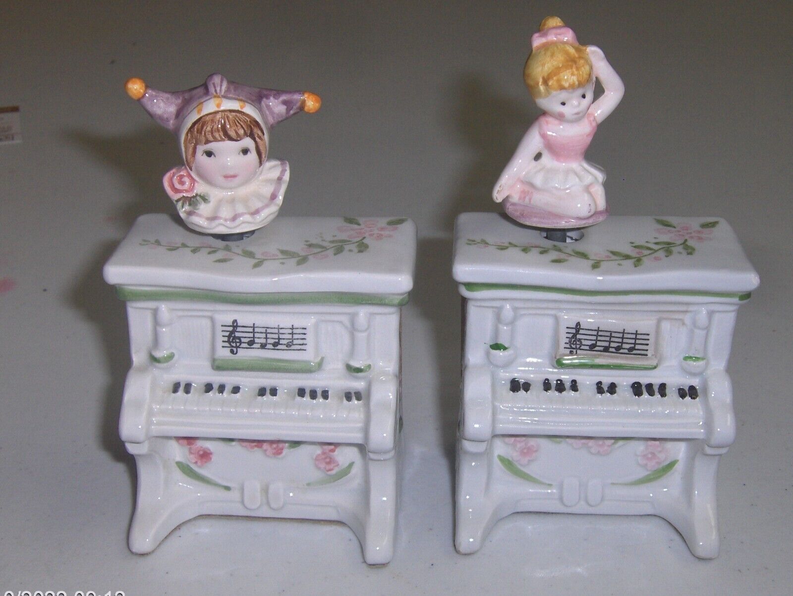 SCHMID MUSIC BOXES - 2 SMALL PIANOS - 1 WITH JESTER   1 WITH BALLERINA BOTH WORK