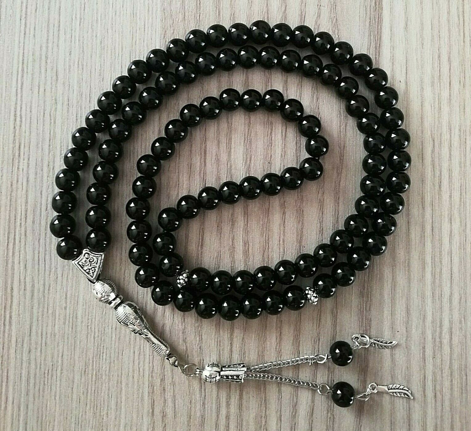 Genuine Black Onyx Stone Islamic Prayer 99 beads Tasbih Misbaha Tasbeeh 8mm