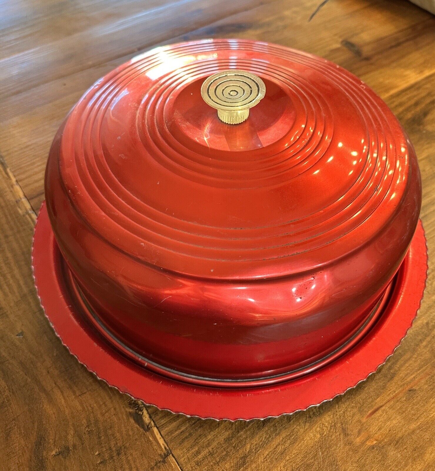 RARE  Vintage Red Aluminum Cake Cover And Plate Scrollwork On Plate
