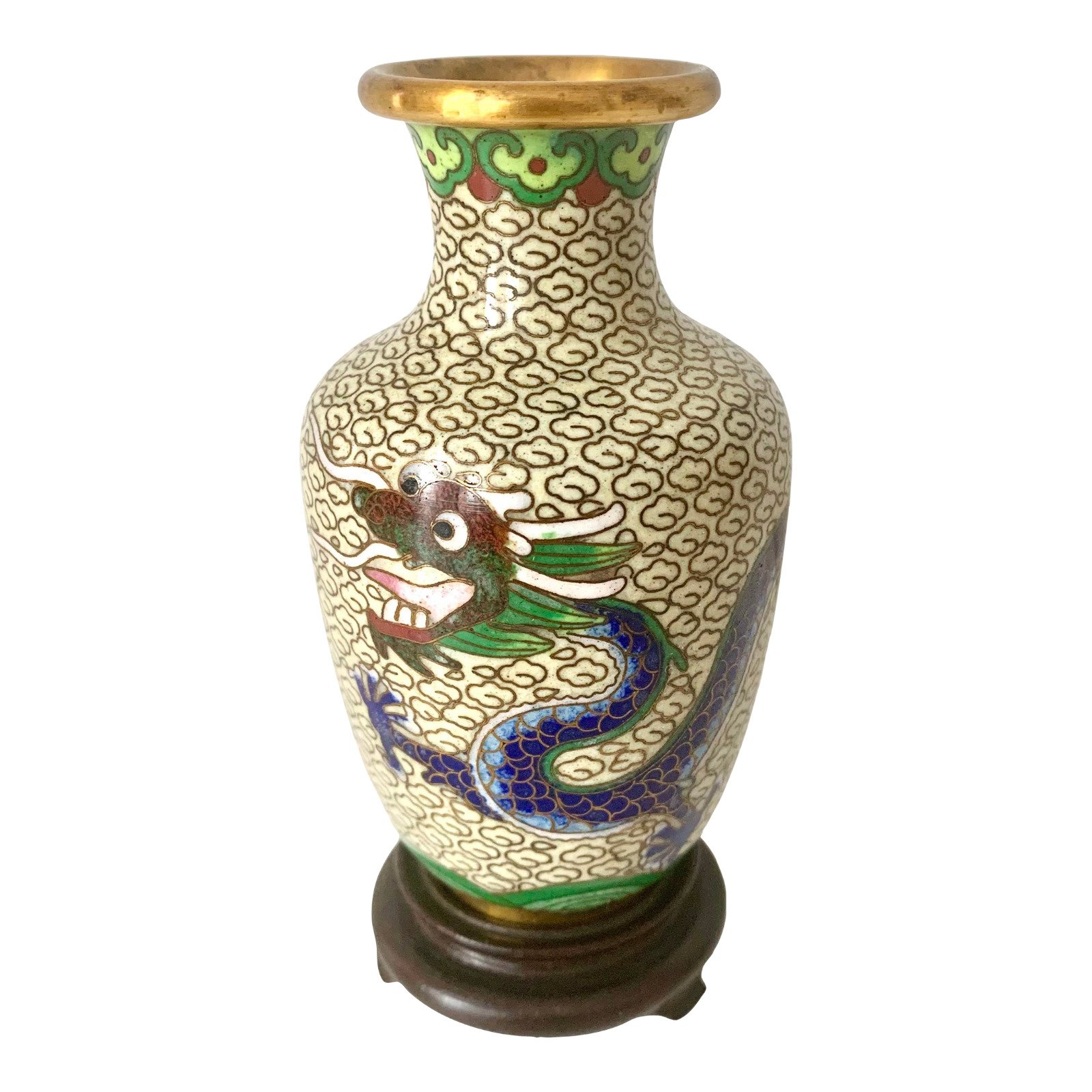 Two Dragon Cream Small Vintage Chinoiserie Cloisonne Metal Vase With Stand