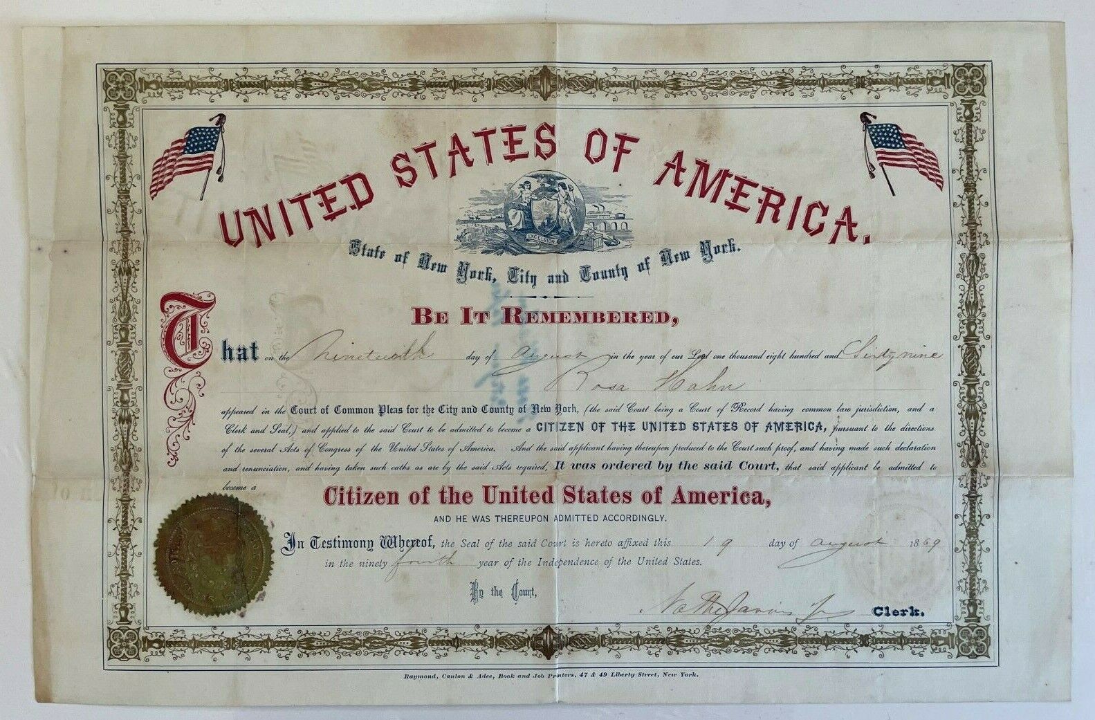 UNITED STATES ANTIQUE NEW YORK 1869 CITIZENSHIP CERTIFICATE TO ROSA HAHN. RARE