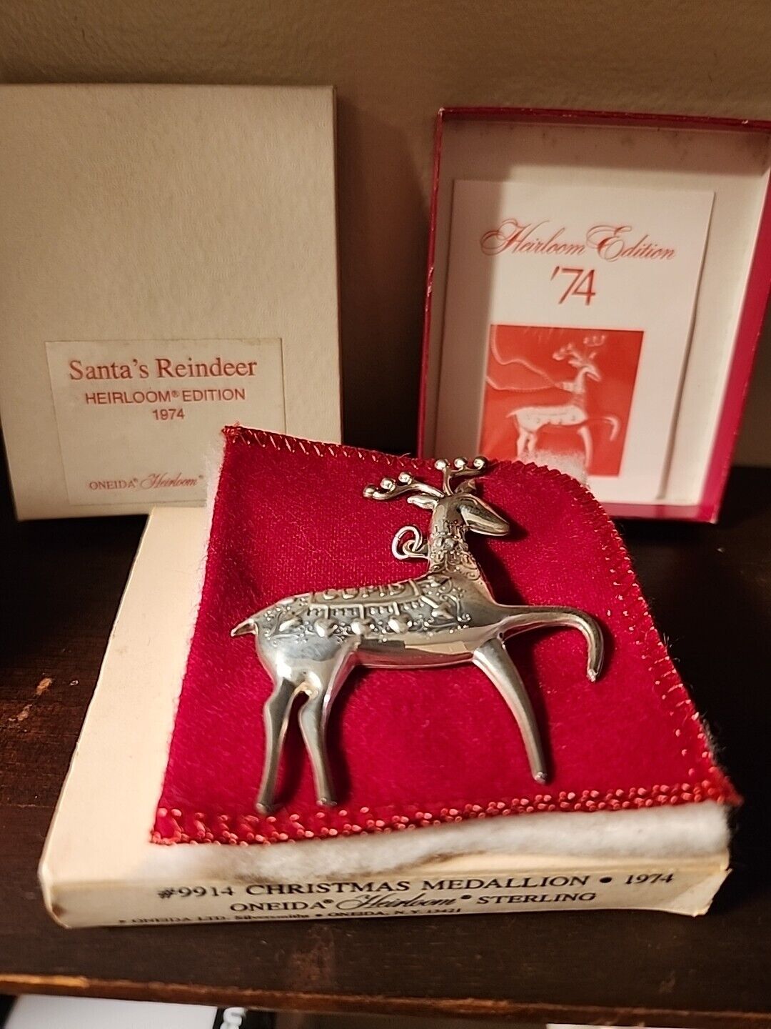 Oneida Heirloom Sterling Silver Ornament Brooch 1974 Santa\'s Reindeer CUPID. NIB