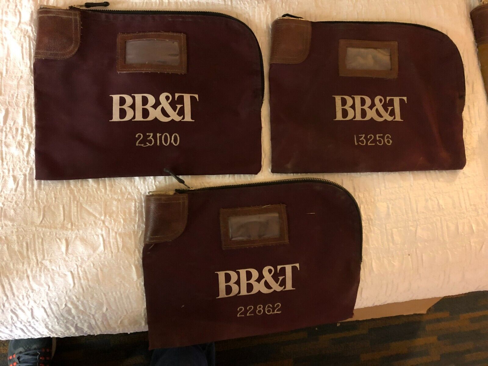 (3) pre-owned BB&T Branch Banking Trust Co Rifkin Arco Lock canvas zippered bags